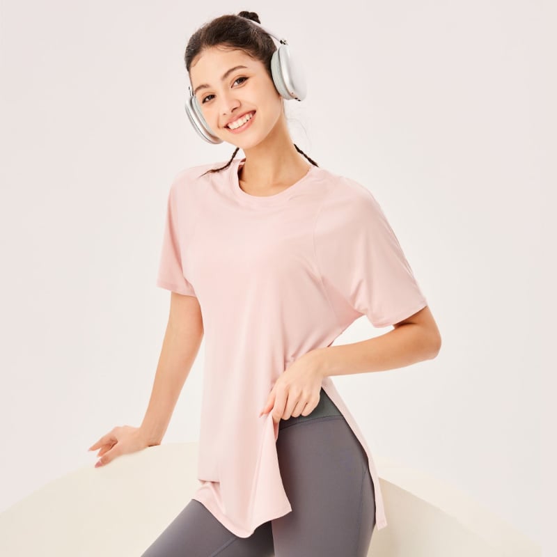 Top de yoga pentru femei cu uscare rapidă, mânecă scurtă, croială lejeră, lungime peste șold, 89% poliester + 11% spandex