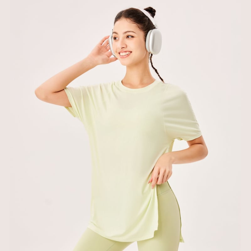 Top de yoga pentru femei cu uscare rapidă, mânecă scurtă, croială lejeră, lungime peste șold, 89% poliester + 11% spandex