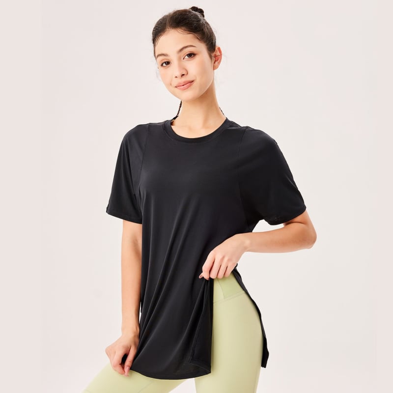 Top de yoga pentru femei cu uscare rapidă, mânecă scurtă, croială lejeră, lungime peste șold, 89% poliester + 11% spandex