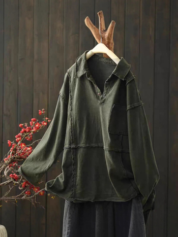 Pulover-bluza od pamuko smjese, dugi rukavi, jednobojna, patchwork/applique detalji, široki kroj, obična duljina, 70–80% pamuk