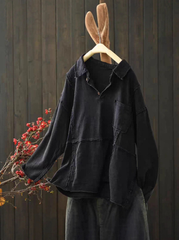 Pulover-bluza od pamuko smjese, dugi rukavi, jednobojna, patchwork/applique detalji, široki kroj, obična duljina, 70–80% pamuk