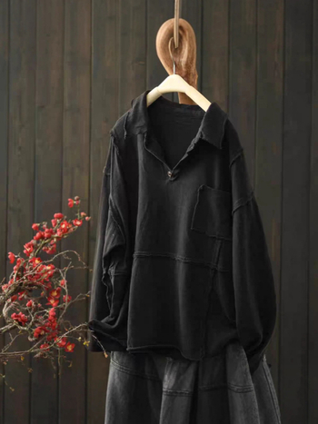 Pulover-bluza od pamuko smjese, dugi rukavi, jednobojna, patchwork/applique detalji, široki kroj, obična duljina, 70–80% pamuk