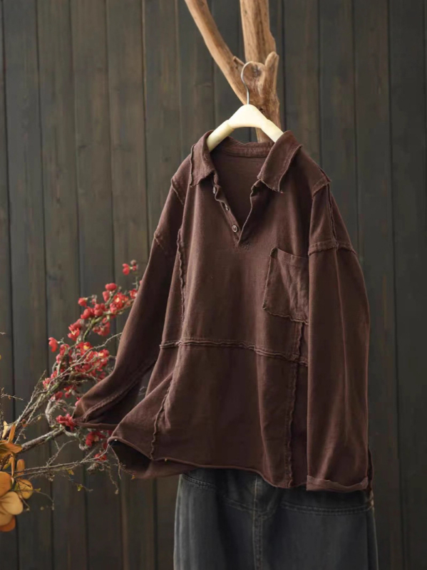 Pulover-bluza od pamuko smjese, dugi rukavi, jednobojna, patchwork/applique detalji, široki kroj, obična duljina, 70–80% pamuk