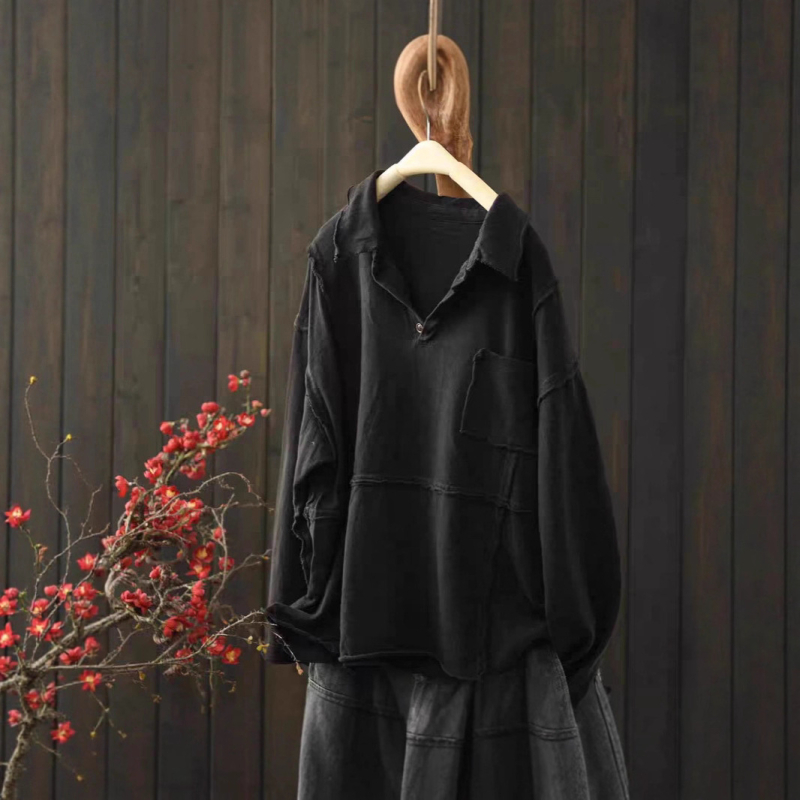 Pulover-bluza od pamuko smjese, dugi rukavi, jednobojna, patchwork/applique detalji, široki kroj, obična duljina, 70–80% pamuk