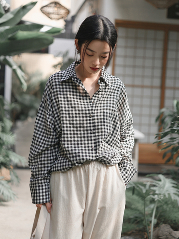 Cămașă cu model în carouri, amestec din bumbac-poliester, croială lejeră, mâneci lungi, stil nostalgic