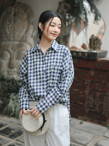 Cămașă cu model în carouri, amestec din bumbac-poliester, croială lejeră, mâneci lungi, stil nostalgic