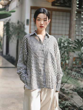 Cămașă cu model în carouri, amestec din bumbac-poliester, croială lejeră, mâneci lungi, stil nostalgic