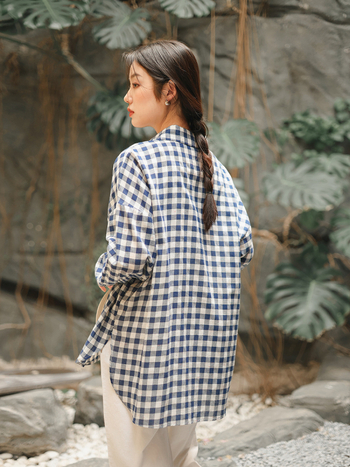 Cămașă cu model în carouri, amestec din bumbac-poliester, croială lejeră, mâneci lungi, stil nostalgic