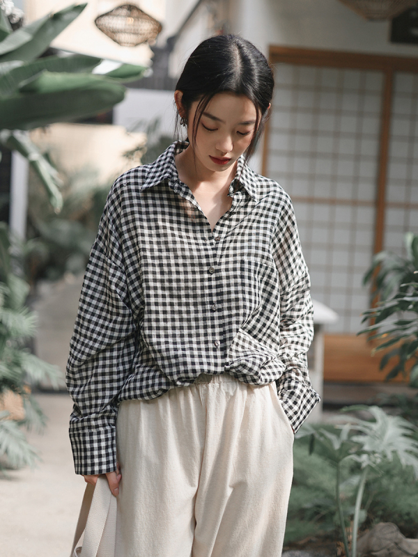 Cămașă cu model în carouri, amestec din bumbac-poliester, croială lejeră, mâneci lungi, stil nostalgic