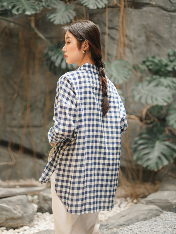 Cămașă cu model în carouri, amestec din bumbac-poliester, croială lejeră, mâneci lungi, stil nostalgic