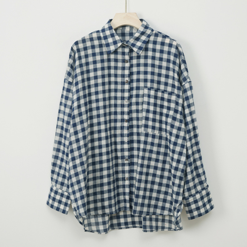 Cămașă cu model în carouri, amestec din bumbac-poliester, croială lejeră, mâneci lungi, stil nostalgic