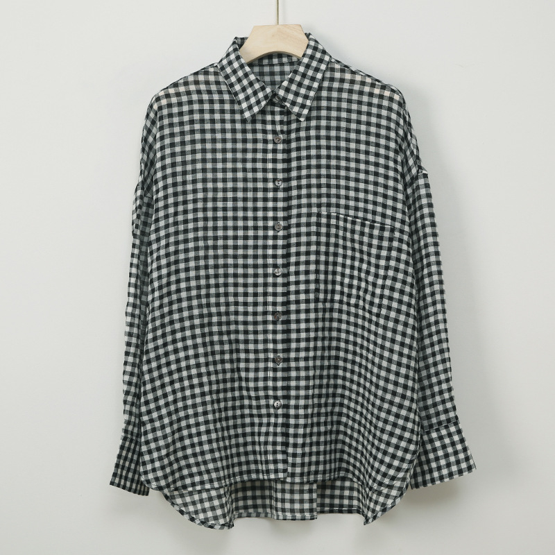 Cămașă cu model în carouri, amestec din bumbac-poliester, croială lejeră, mâneci lungi, stil nostalgic