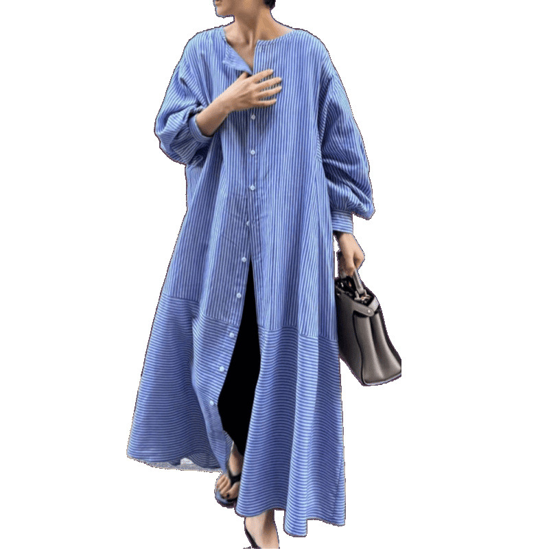 Ženska prugasta bluza, 3/4 rukava, ovratnik tipa lapel, zatvaranje gumbima, 100% pamuk