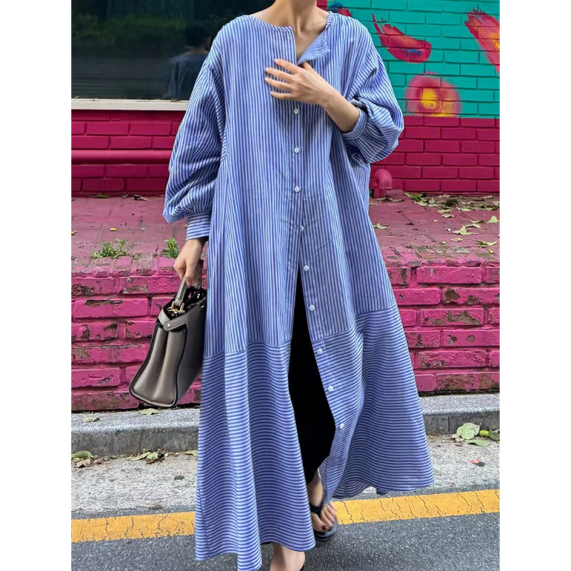 Ženska prugasta bluza, 3/4 rukava, ovratnik tipa lapel, zatvaranje gumbima, 100% pamuk