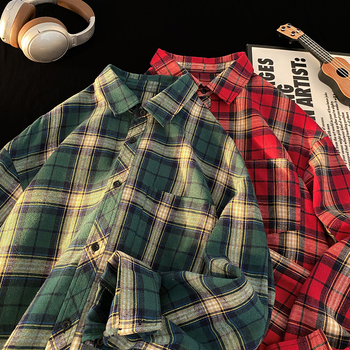 Muška japanski stil flanel košulja-jakna, brušena tkanina, karirani uzorak, dugi rukavi, široki kardigan kroj, šiljasti ovratnik, 69,8% poliestera / 28% pamuk / 2,2% viskoze