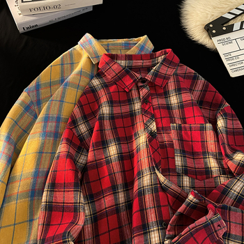 Muška japanski stil flanel košulja-jakna, brušena tkanina, karirani uzorak, dugi rukavi, široki kardigan kroj, šiljasti ovratnik, 69,8% poliestera / 28% pamuk / 2,2% viskoze