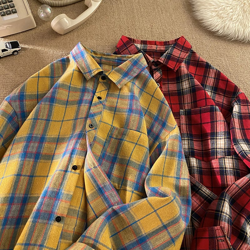 Muška japanski stil flanel košulja-jakna, brušena tkanina, karirani uzorak, dugi rukavi, široki kardigan kroj, šiljasti ovratnik, 69,8% poliestera / 28% pamuk / 2,2% viskoze