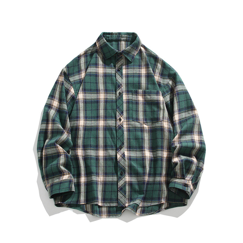 Muška japanski stil flanel košulja-jakna, brušena tkanina, karirani uzorak, dugi rukavi, široki kardigan kroj, šiljasti ovratnik, 69,8% poliestera / 28% pamuk / 2,2% viskoze