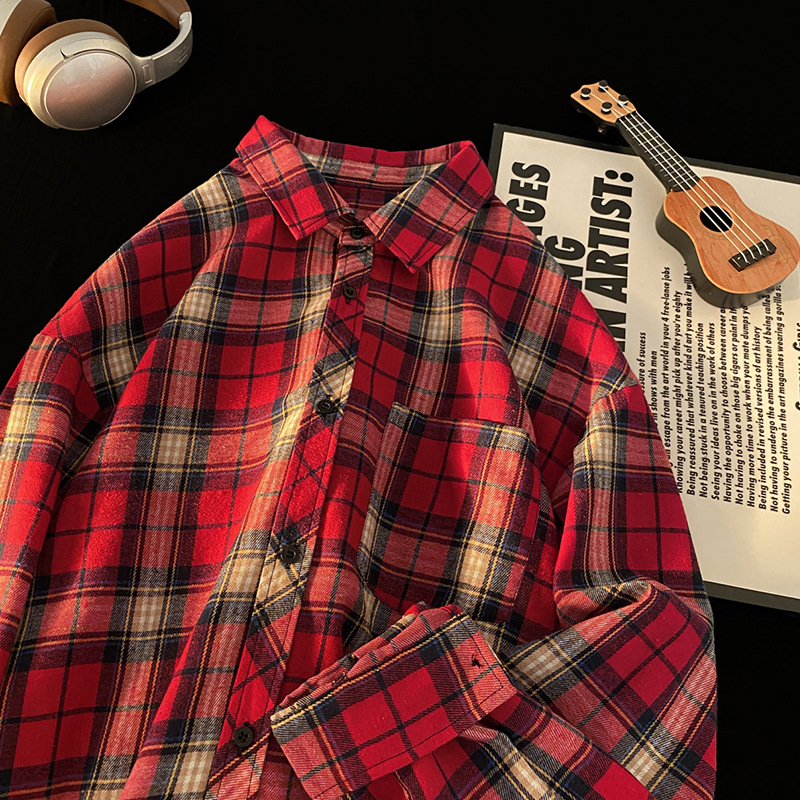 Muška japanski stil flanel košulja-jakna, brušena tkanina, karirani uzorak, dugi rukavi, široki kardigan kroj, šiljasti ovratnik, 69,8% poliestera / 28% pamuk / 2,2% viskoze