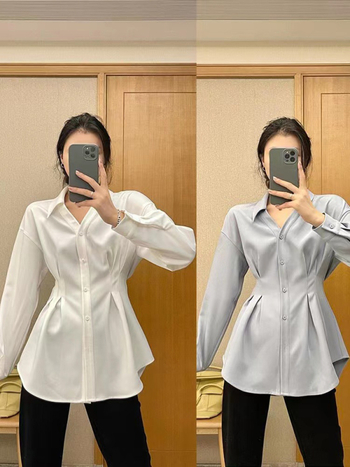 Ženska bluza u francuskom stilu laganog luksuza, jesensko-zimska, srednje duljine, plus veličina, oblikovana silueta u struku, dugi rukavi, elegantan top