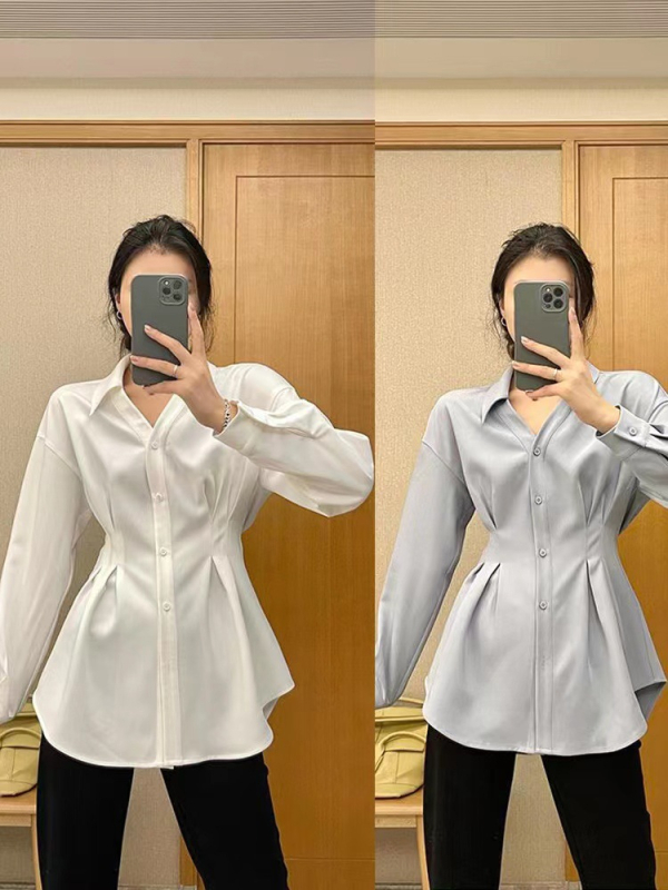 Ženska bluza u francuskom stilu laganog luksuza, jesensko-zimska, srednje duljine, plus veličina, oblikovana silueta u struku, dugi rukavi, elegantan top