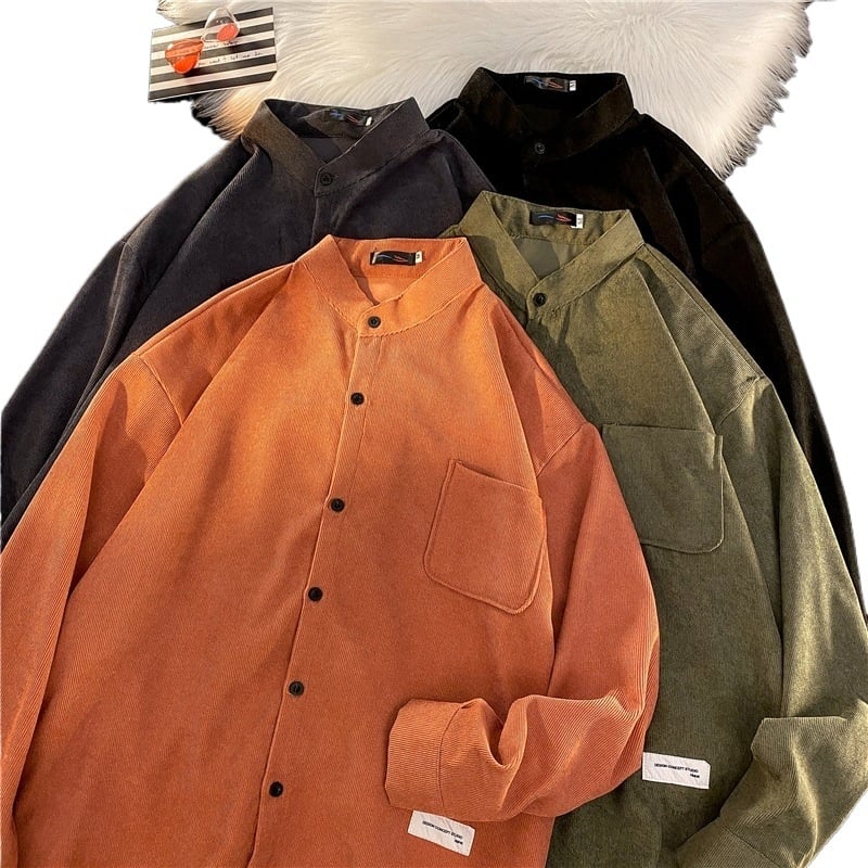 Košulja od corduroya, slobodan kroj, dugi rukavi, fleece podstava, široki ovratnik, japanski i hongkonški gradski stil
