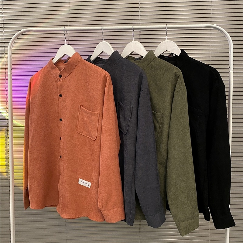 Košulja od corduroya, slobodan kroj, dugi rukavi, fleece podstava, široki ovratnik, japanski i hongkonški gradski stil