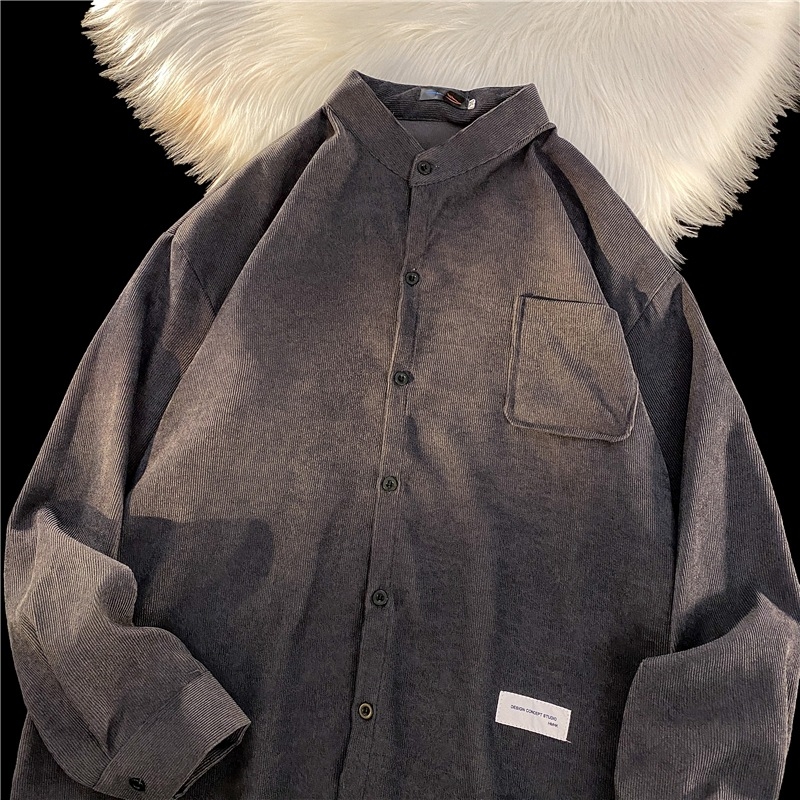 Košulja od corduroya, slobodan kroj, dugi rukavi, fleece podstava, široki ovratnik, japanski i hongkonški gradski stil