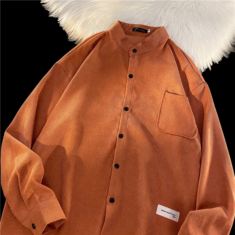 Košulja od corduroya, slobodan kroj, dugi rukavi, fleece podstava, široki ovratnik, japanski i hongkonški gradski stil