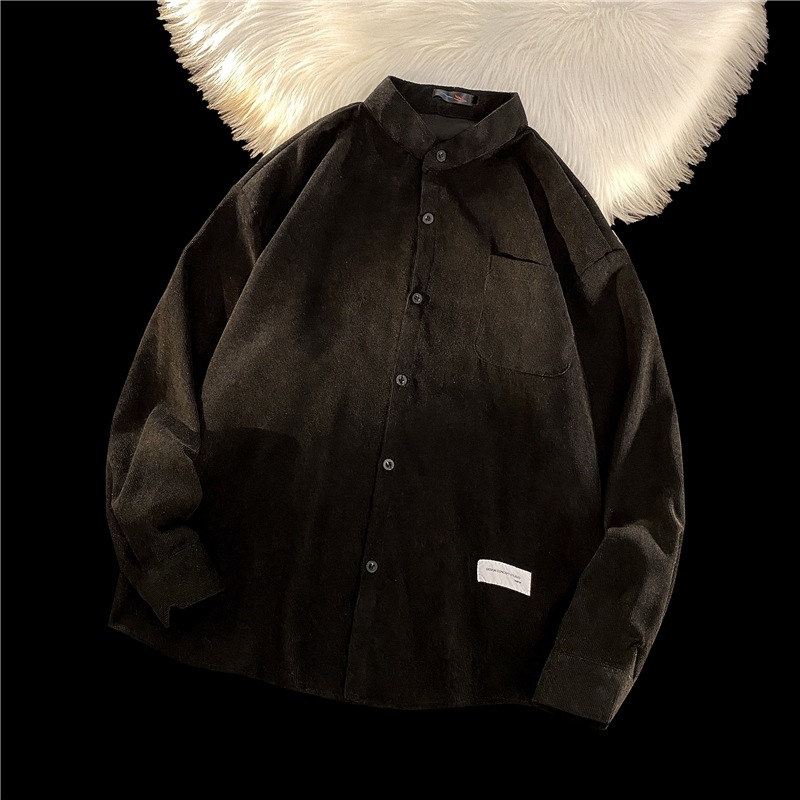 Košulja od corduroya, slobodan kroj, dugi rukavi, fleece podstava, široki ovratnik, japanski i hongkonški gradski stil