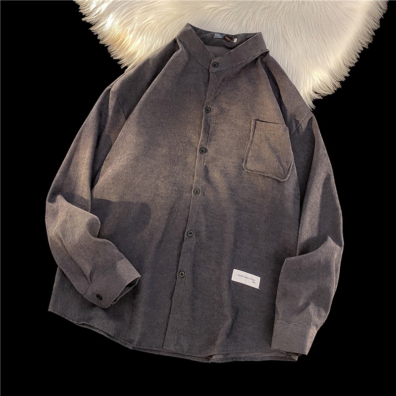 Košulja od corduroya, slobodan kroj, dugi rukavi, fleece podstava, široki ovratnik, japanski i hongkonški gradski stil