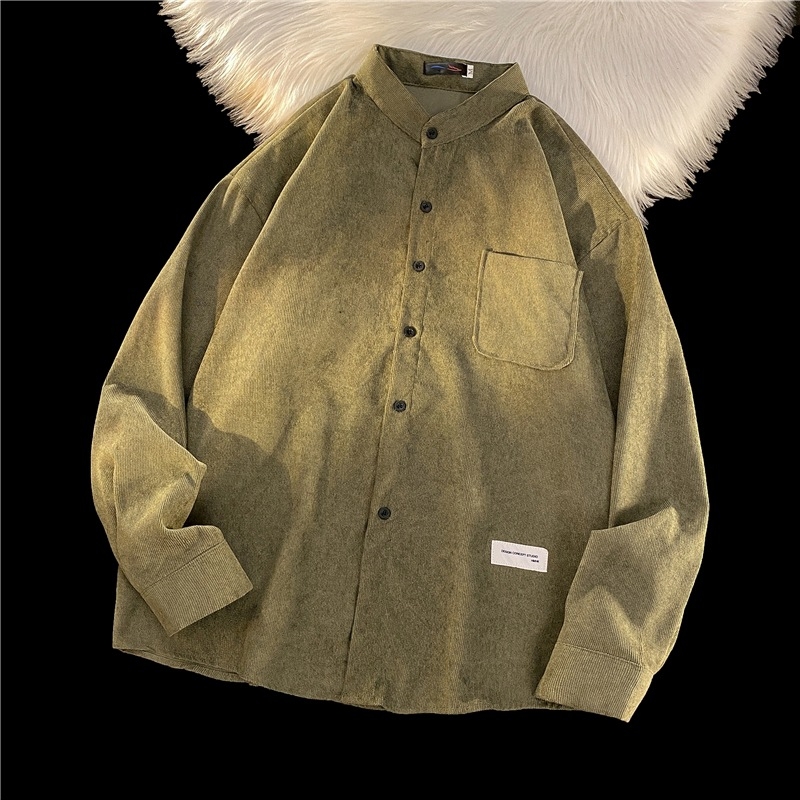 Košulja od corduroya, slobodan kroj, dugi rukavi, fleece podstava, široki ovratnik, japanski i hongkonški gradski stil