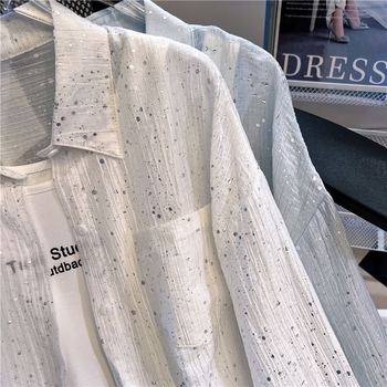 Ljetna bluza s šljokicama, slobodan kroj, zaštita od sunca, dugi rukav, košulja-jakna, plus veličina, lagani materijal.