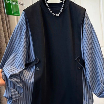 Női ing hamis két részes dizájnal, csíkos patchwork, ujjatlan, kerek nyak, laza szabás, Xiangyunsha anyag