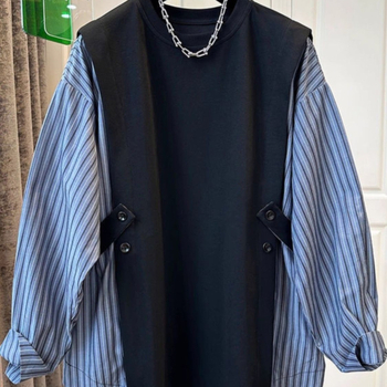 Női ing hamis két részes dizájnal, csíkos patchwork, ujjatlan, kerek nyak, laza szabás, Xiangyunsha anyag
