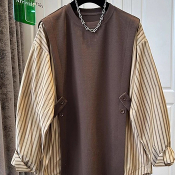 Női ing hamis két részes dizájnal, csíkos patchwork, ujjatlan, kerek nyak, laza szabás, Xiangyunsha anyag