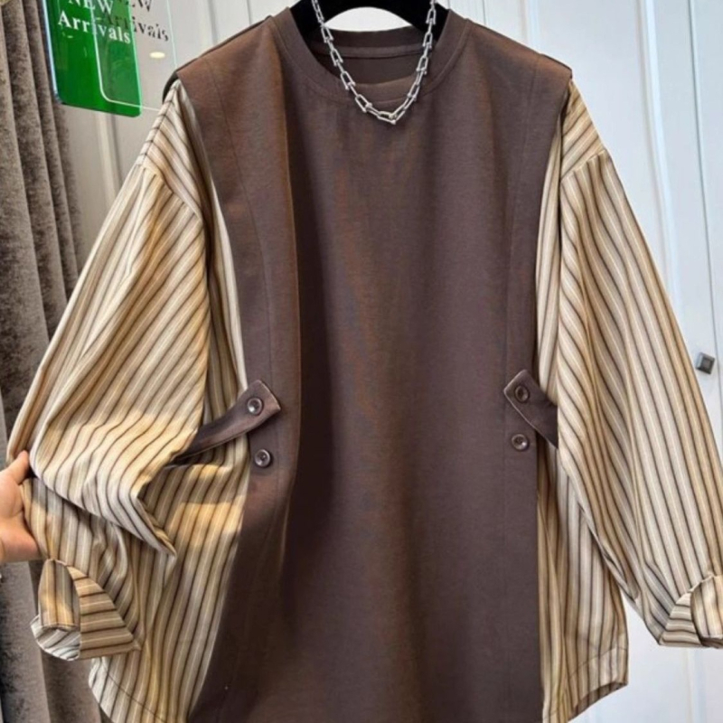 Női ing hamis két részes dizájnal, csíkos patchwork, ujjatlan, kerek nyak, laza szabás, Xiangyunsha anyag