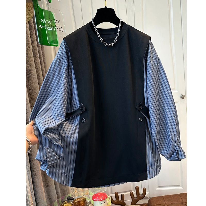 Női ing hamis két részes dizájnal, csíkos patchwork, ujjatlan, kerek nyak, laza szabás, Xiangyunsha anyag