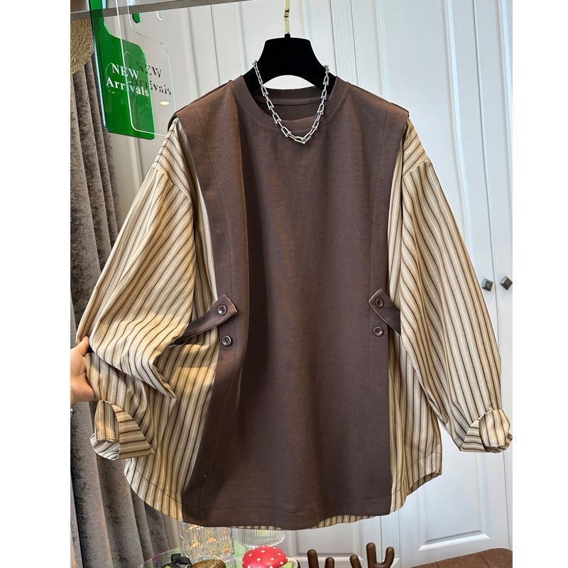 Női ing hamis két részes dizájnal, csíkos patchwork, ujjatlan, kerek nyak, laza szabás, Xiangyunsha anyag