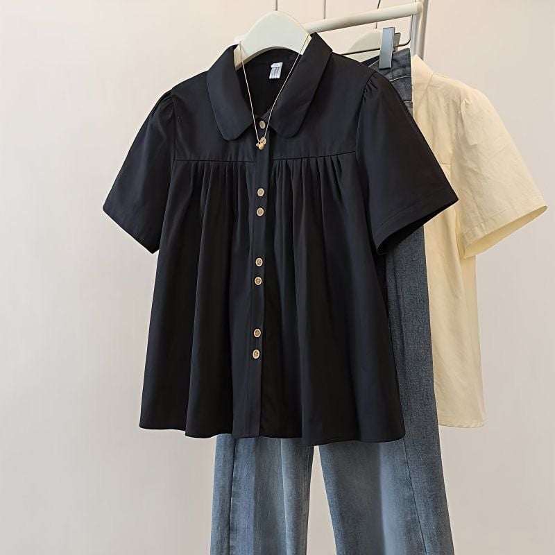 Košeľa s krátkymi rukávmi vo francúzskom štýle, voľný strih (polyester; 3D vzor; golier typu bábika; zapínanie na gombíky v jednej rade)