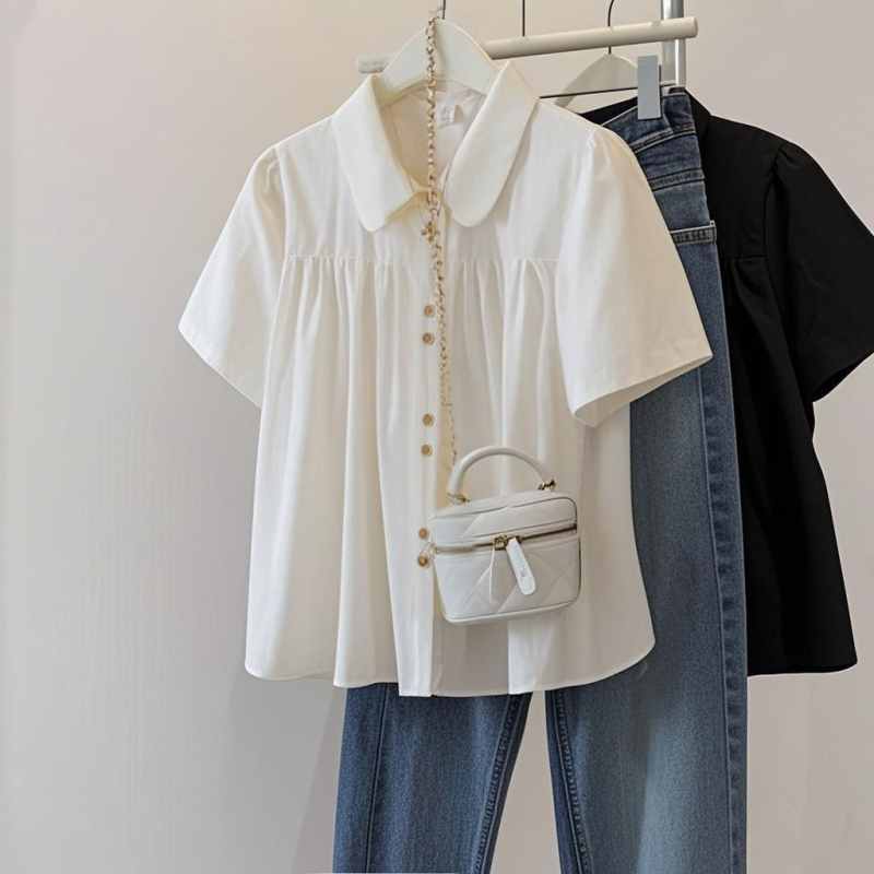 Košeľa s krátkymi rukávmi vo francúzskom štýle, voľný strih (polyester; 3D vzor; golier typu bábika; zapínanie na gombíky v jednej rade)