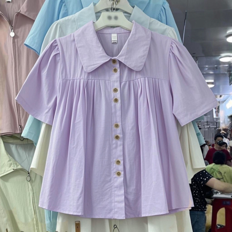 Košeľa s krátkymi rukávmi vo francúzskom štýle, voľný strih (polyester; 3D vzor; golier typu bábika; zapínanie na gombíky v jednej rade)