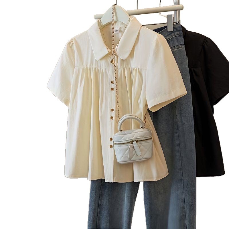 Košeľa s krátkymi rukávmi vo francúzskom štýle, voľný strih (polyester; 3D vzor; golier typu bábika; zapínanie na gombíky v jednej rade)