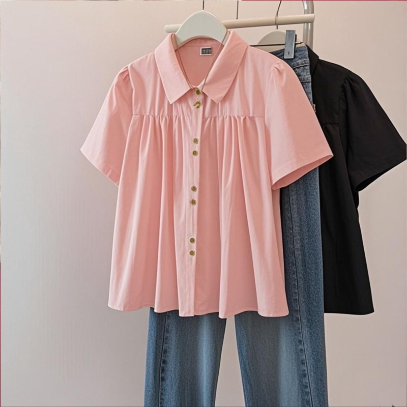 Košeľa s krátkymi rukávmi vo francúzskom štýle, voľný strih (polyester; 3D vzor; golier typu bábika; zapínanie na gombíky v jednej rade)