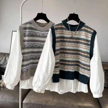 Patchwork pletený pulóver top s okrúhym výstrihom, dlhé rukávy, voľný strih, zmes polyesteru–elastanu, stredná dĺžka