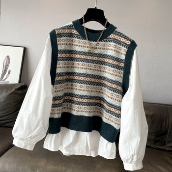 Patchwork pletený pulóver top s okrúhym výstrihom, dlhé rukávy, voľný strih, zmes polyesteru–elastanu, stredná dĺžka