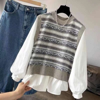 Patchwork pletený pulóver top s okrúhym výstrihom, dlhé rukávy, voľný strih, zmes polyesteru–elastanu, stredná dĺžka