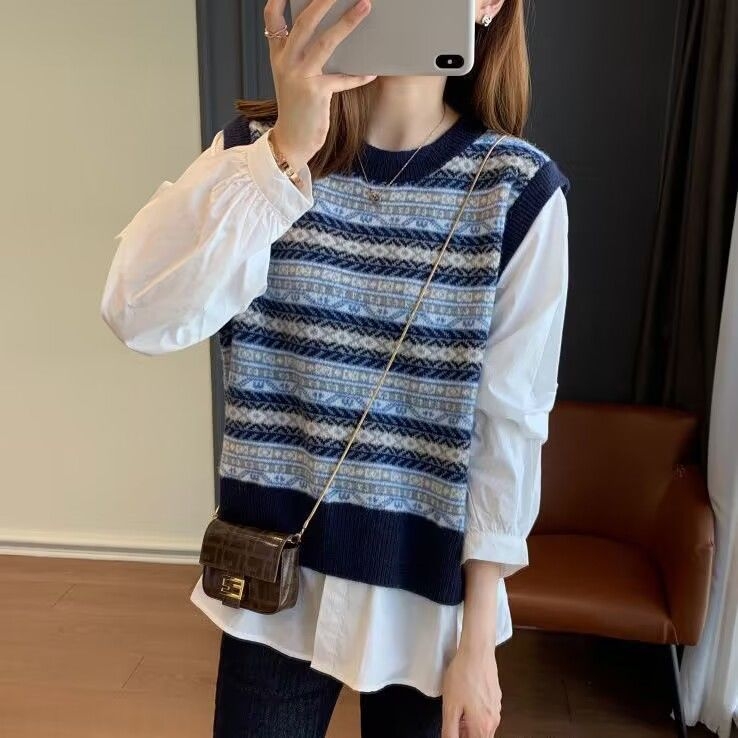 Patchwork pletený pulóver top s okrúhym výstrihom, dlhé rukávy, voľný strih, zmes polyesteru–elastanu, stredná dĺžka