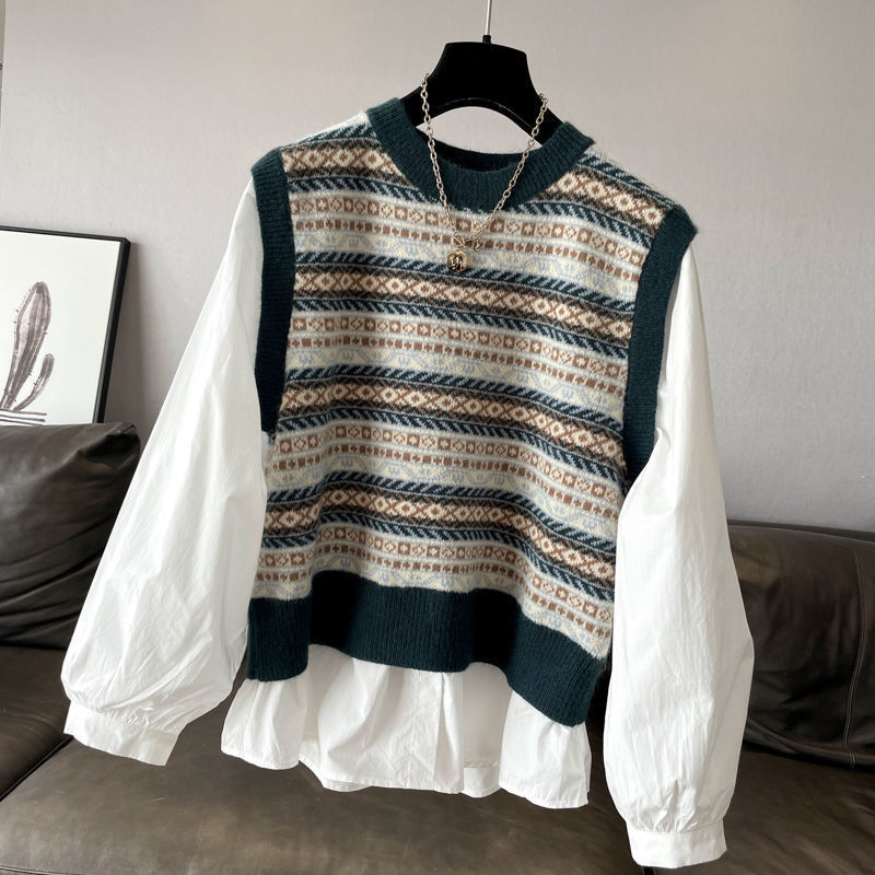 Patchwork pletený pulóver top s okrúhym výstrihom, dlhé rukávy, voľný strih, zmes polyesteru–elastanu, stredná dĺžka