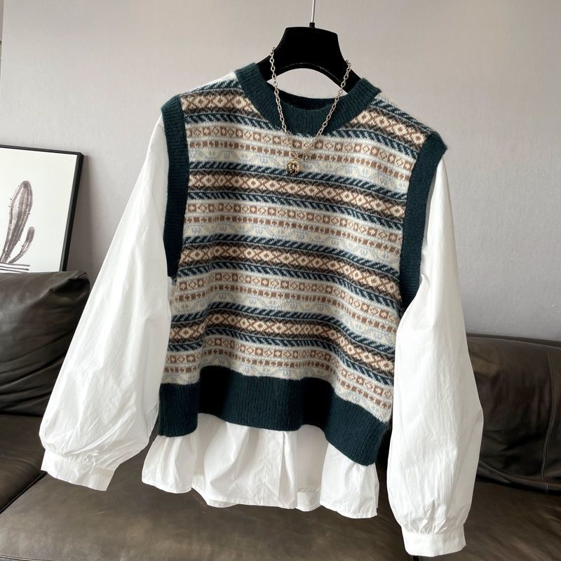 Patchwork pletený pulóver top s okrúhym výstrihom, dlhé rukávy, voľný strih, zmes polyesteru–elastanu, stredná dĺžka